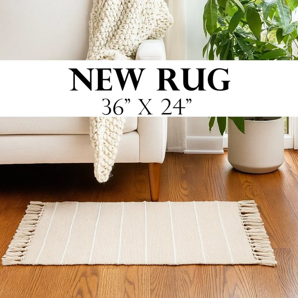 NEW Indoor Outdoor Rug Beige Cream Stripe 24